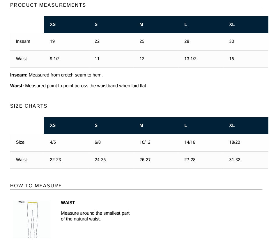 YOUTH Size chart for pants with measurements in inches and centimeters.